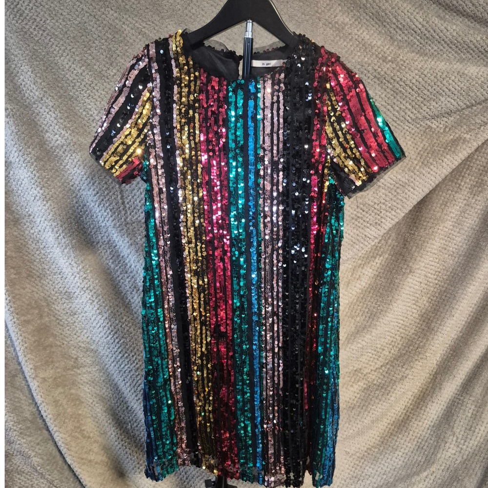 Mi Ami Rainbow Sequin Stripe Mini Dress XS Short Sleeve Party Shift DDSW843IMK